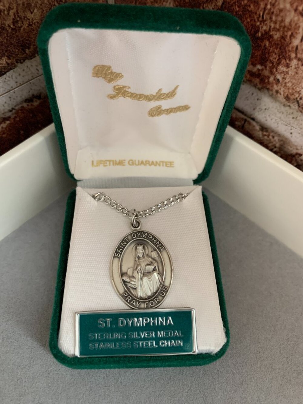 Sterling Silver St. Dymphna Medal Oval w/ 24" Stainless Steel Chain